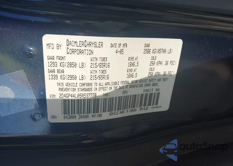 2005 Dodge Grand Caravan Sxt из США, поврежденный, VIN 2D4GP44L05R537778